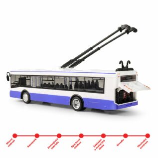 Trolejbus který hlásí zastávky česky 28 cm modrý