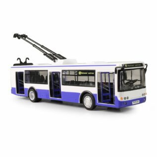Trolejbus který hlásí zastávky česky 28 cm modrý