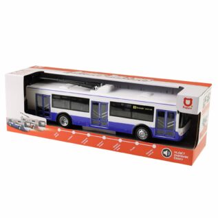 Trolejbus který hlásí zastávky česky 28 cm modrý